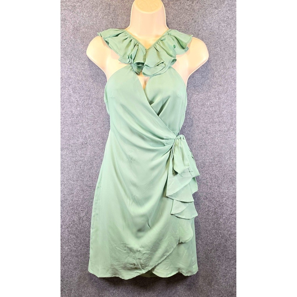 Emily Wonder Sage Green Ruffle Halter Wrap Mini Dress D10551 Women's Medium